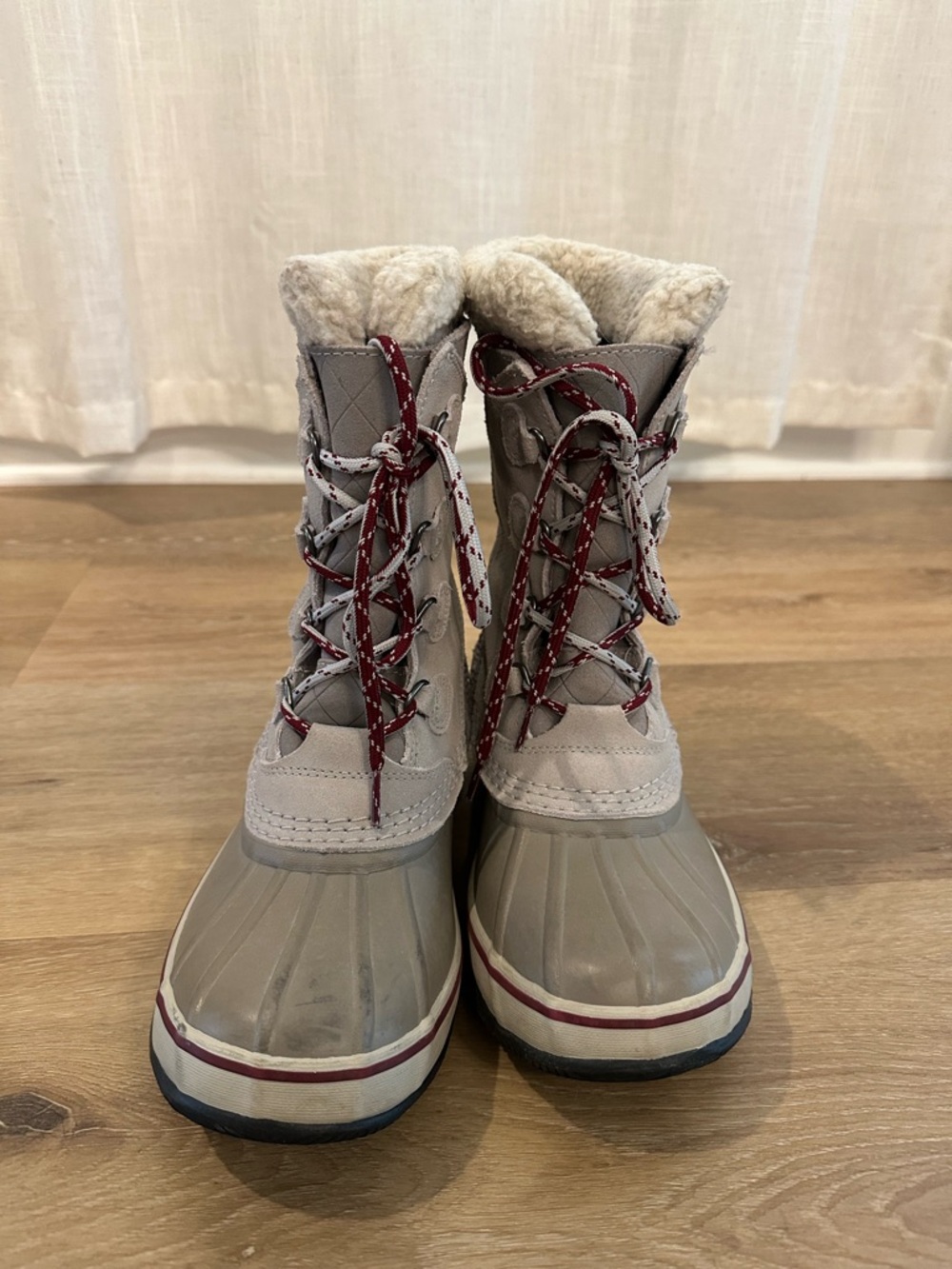 L.L. Bean Light Gray and Burgundy Insulated Duck Boots